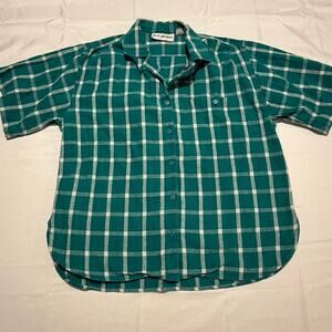 Vintage Green and White Plaid Short Sleeve Button Up 100% Cotton Size M